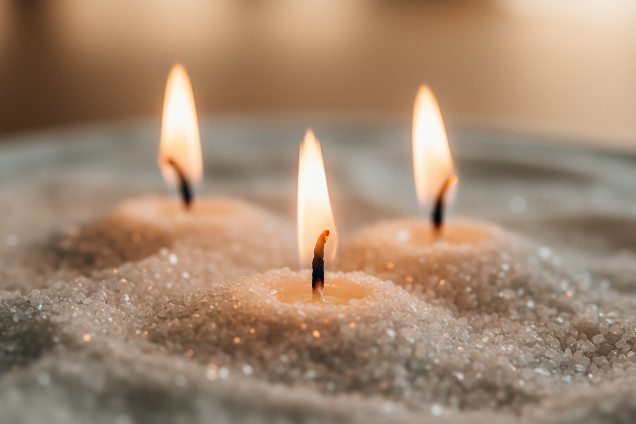 que du sable avec juste les meche a meme le sable avec les meche allumer en gros plan pour voir bien la matier de la bougie en sable Image